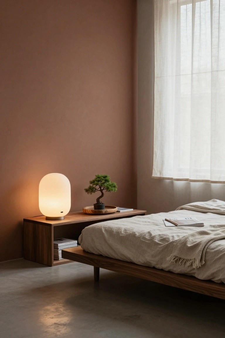 Bedroom corner with terracotta painted wall, wooden nightstand holding lit oval frosted glass lamp, bonsai tree on wooden tray, stacked books, open magazine on low platform bed with white linens, sheer curtains over window, concrete floor.