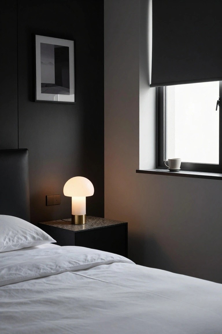 Bedroom corner featuring a black leather headboard, white bed sheets, black nightstand with a white glass mushroom-shaped lamp on brass base, large window with gray roller blind and white coffee cup on dark sill, dark walls.