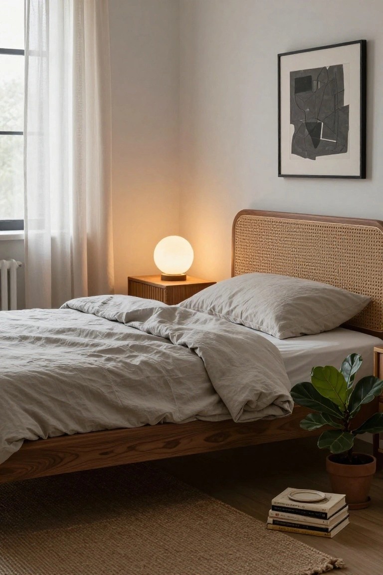 Bedroom corner showing a low wooden platform bed with rattan headboard and white linen bedding, wooden nightstand holding a white globe lamp, potted fiddle leaf fig plant, stack of books on a seagrass rug, abstract wall art, and sheer curtains over a window.