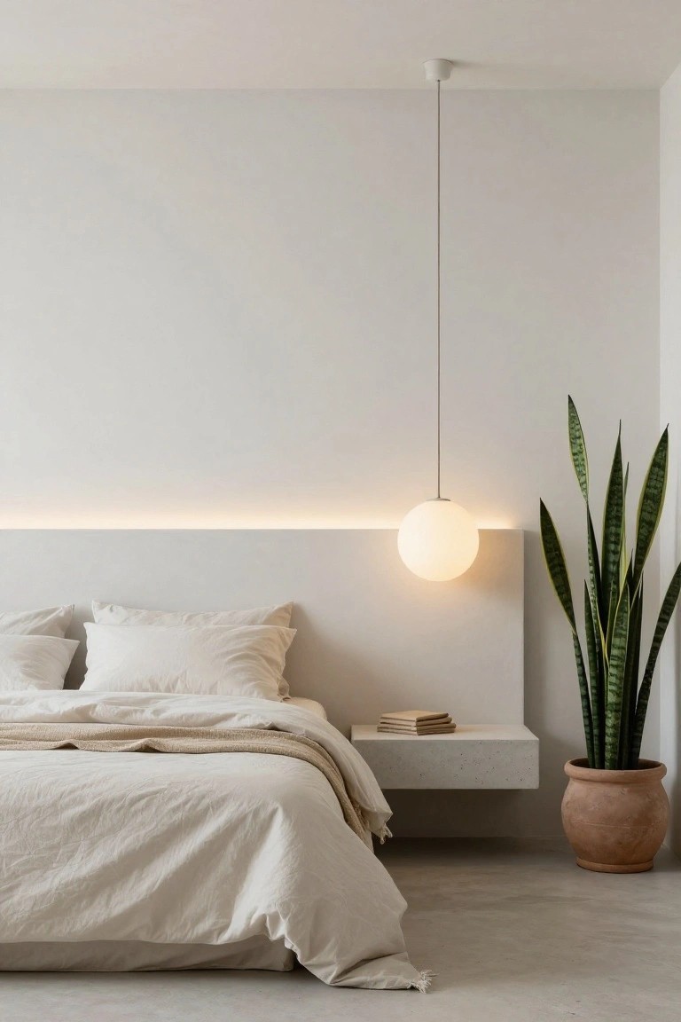 A minimalist white bedroom with a low bed dressed in beige linens, floating bedside shelf holding books, tall snake plant in terracotta pot, white globe pendant lamp hanging from ceiling beside bed, polished concrete floor.