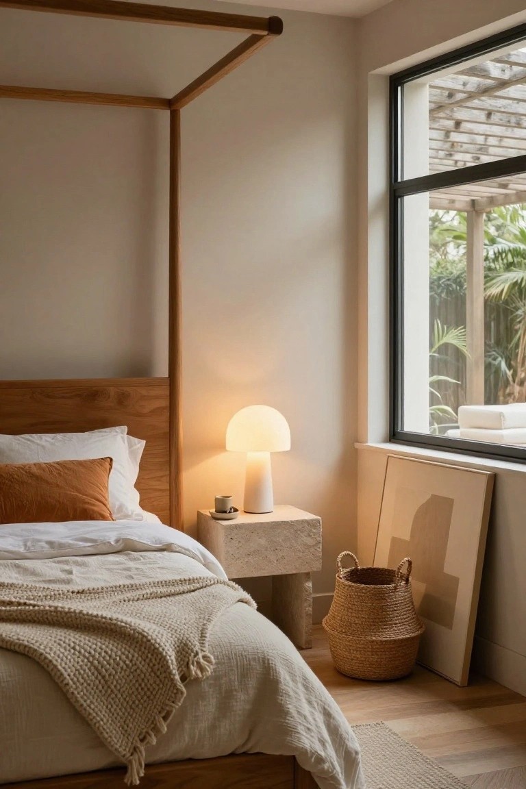 Bedroom corner with wooden four-poster bed draped in white sheets and cream throw, orange pillow, white mushroom-shaped lamp on beige stone nightstand with coffee cup, woven basket on floor, abstract framed art on wall, and large window showing outdoor greenery and seating.