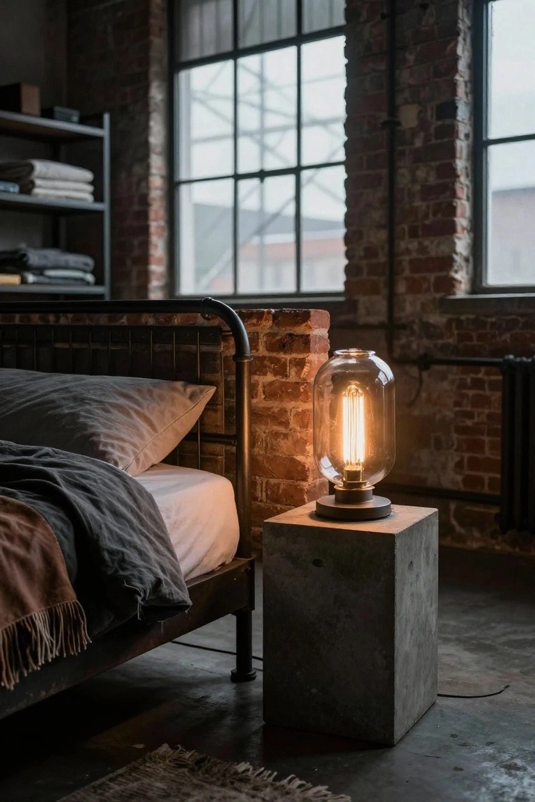 Industrial bedroom corner showing a black metal bed frame with gray linens and orange throw blanket, a large clear glass globe lamp with vertical incandescent bulb on square concrete pedestal, exposed brick walls, metal shelving, and large multipane windows.