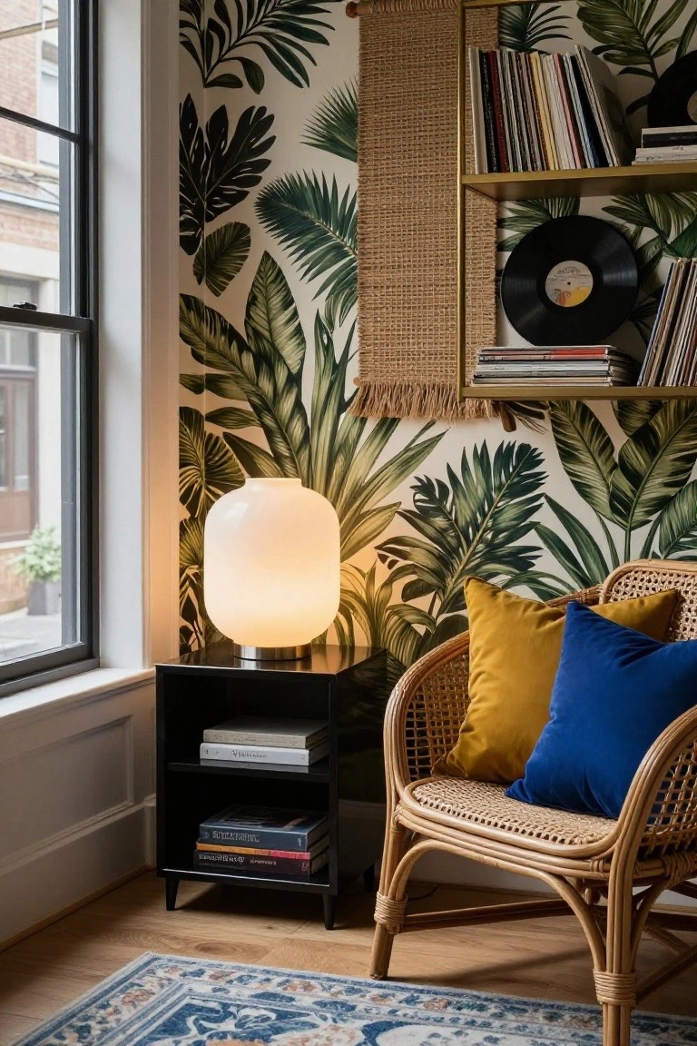 Corner of an interior room with green palm leaf wallpaper, gold shelves holding vinyl records and books, a white vase-shaped lamp glowing on a black nightstand next to a rattan armchair with yellow and blue pillows, above a blue patterned rug.