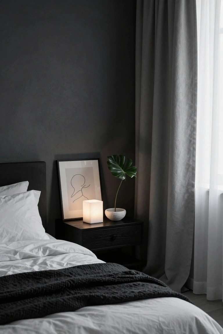 Bedroom corner with dark upholstered headboard, white rumpled sheets and pillows on bed, black knit blanket, dark wood nightstand holding white cube lamp, white pot with monstera plant, black-framed line art of abstract figure, gray linen curtains over window.