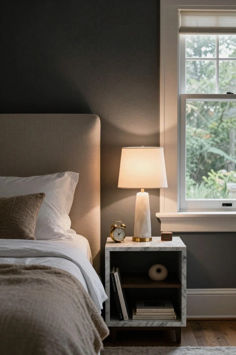 Bedroom nightstand made of white marble holding a lit tall white ceramic table lamp, gold alarm clock, books, and small vase, beside a bed with white sheets, beige pillows and throw, against dark wall with window to greenery.