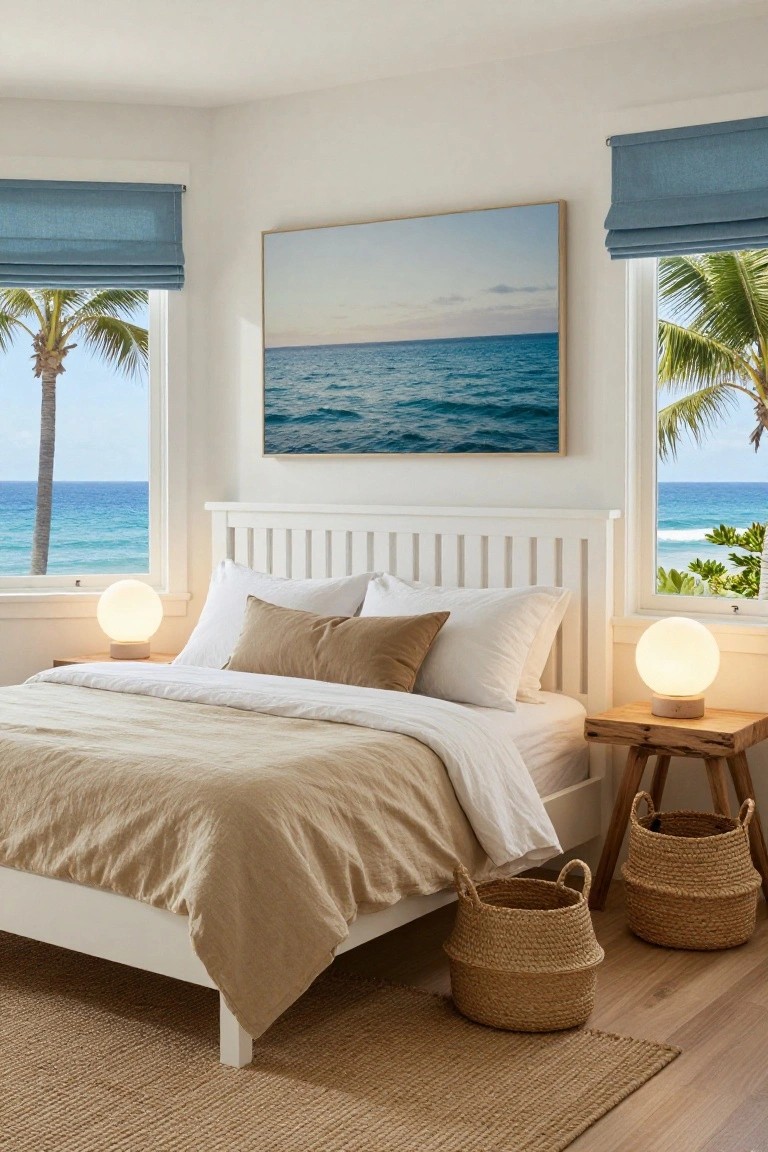 White bedroom with wooden bed frame, beige linen bedding, two white globe lamps on rustic wooden nightstands, seagrass baskets on the floor, large windows showing ocean and palms, blue roman shades, and seagrass rug.