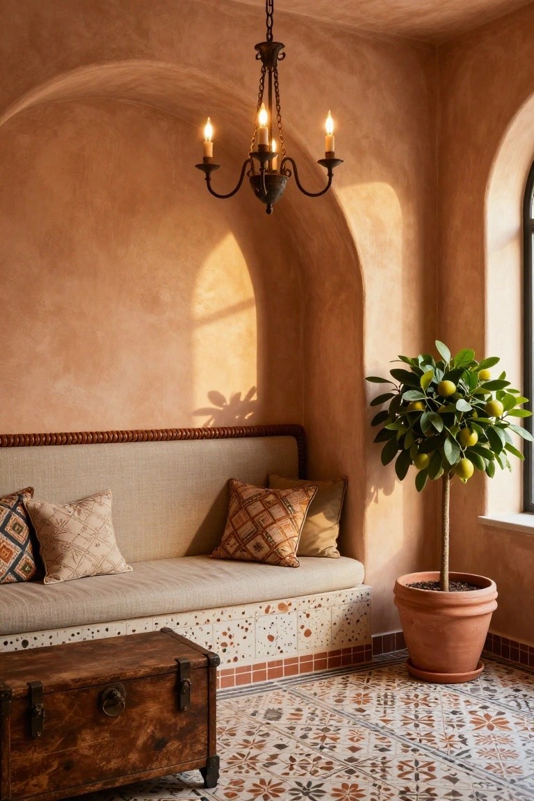 Arched indoor alcove with beige built-in banquette seating, patterned pillows, wooden storage chest, potted lemon tree, warm terracotta walls, black window frame, and patterned tile floor.