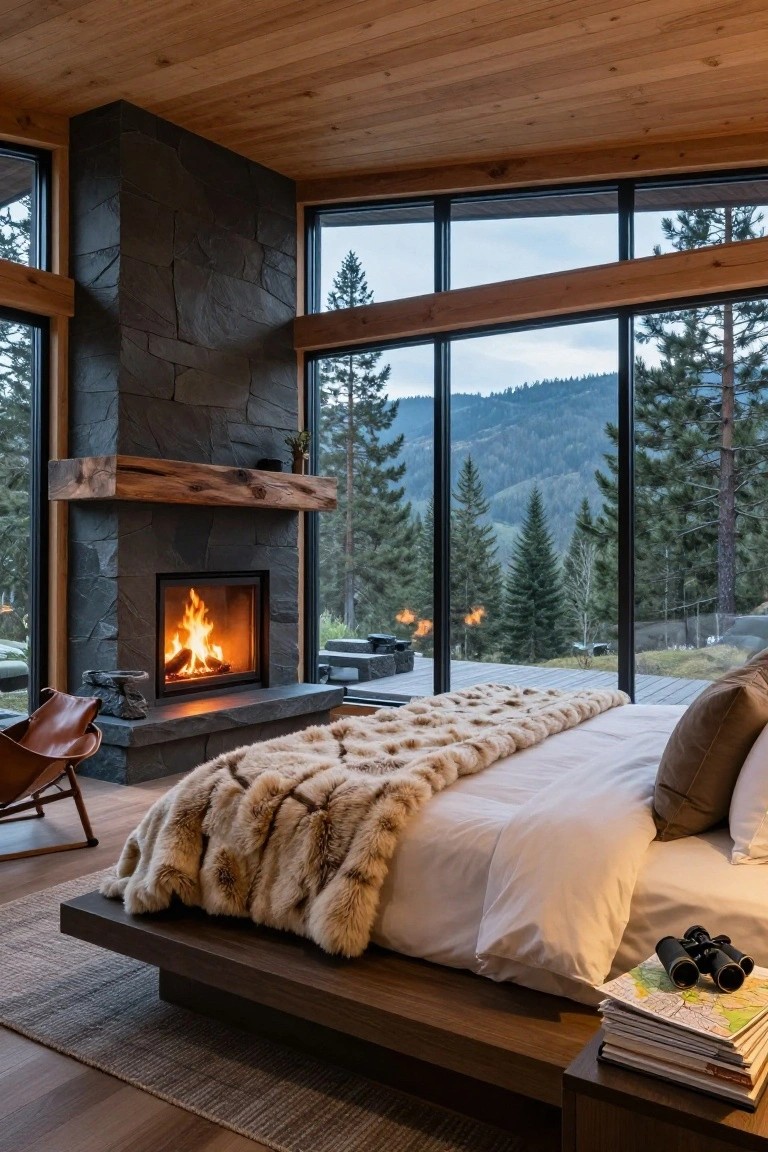 Luxury bedroom interior with tall dark stone fireplace containing a fire, low platform bed draped in fur throw, leather chair, nightstand with maps and binoculars, and corner floor-to-ceiling windows showing pine forest and distant mountains.