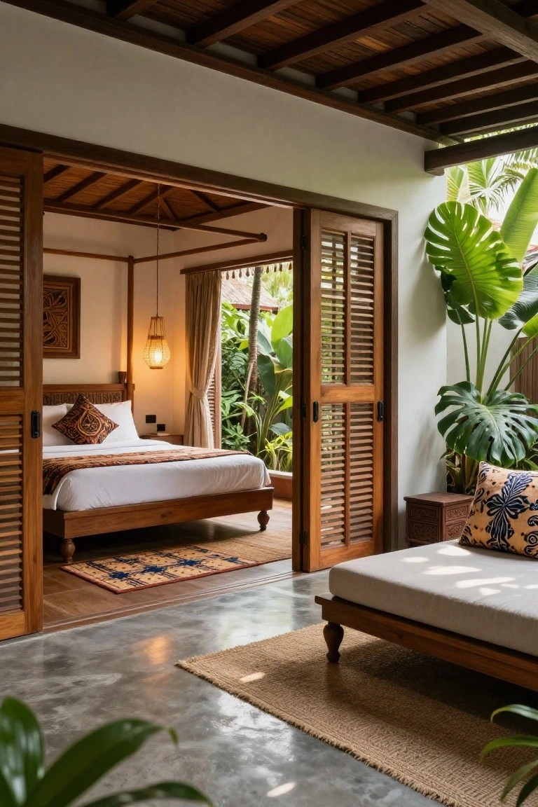 Balinese-style bedroom interior featuring a wooden four-poster bed with white linens, open louvered wooden doors to a lush tropical garden, hanging lantern light, and a cushioned daybed on the adjacent terrace.
