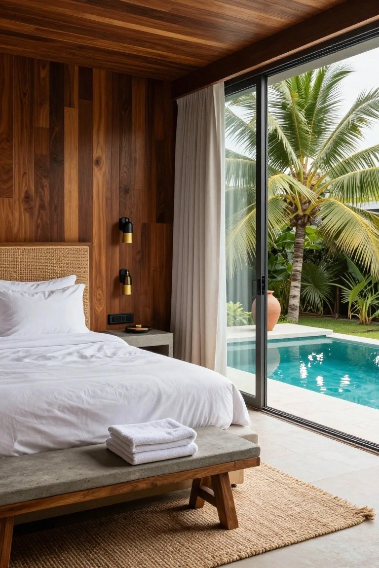 Bedroom interior featuring vertical teak wood paneling on walls and ceiling, rattan headboard with white bedding, concrete and wood bench, and floor-to-ceiling sliding glass doors opening to a turquoise pool with palm trees and tropical plants in the background.