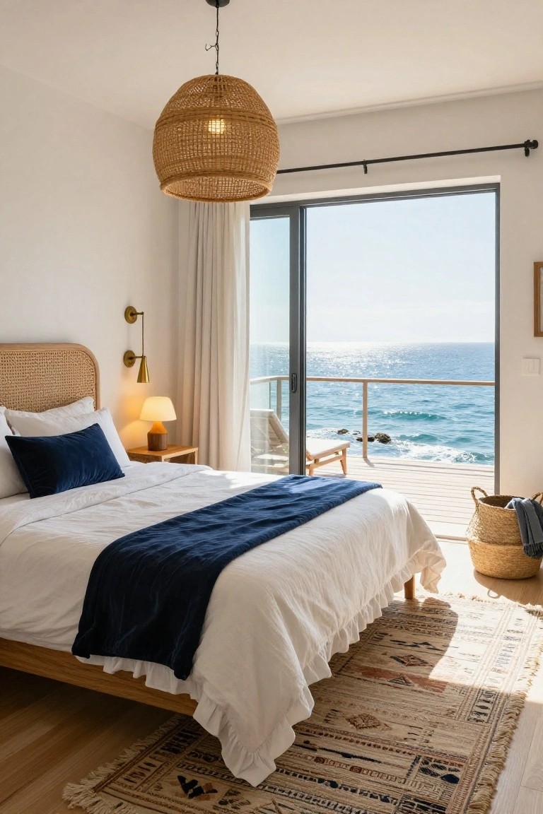 Bedroom featuring a rattan headboard on a white bed with navy throw, flanked by a nightstand lamp, with sliding glass doors open to a wooden deck overlooking the ocean and rocks.