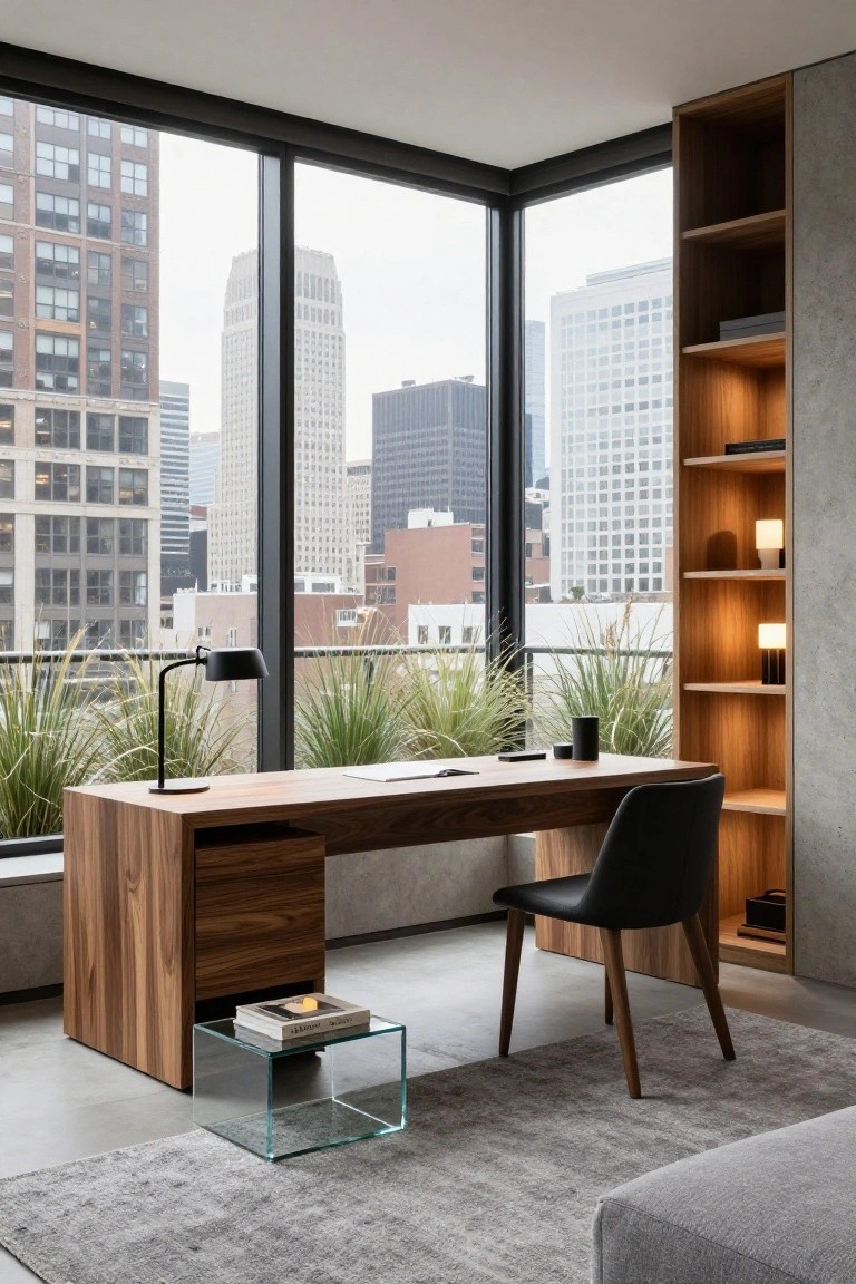 Modern interior corner office featuring a large walnut wood desk with drawers, black leather chair, adjustable desk lamp, glass side table, built-in wooden shelves with lighting and decor, large corner windows overlooking city high-rises, and potted grasses on exterior ledge.