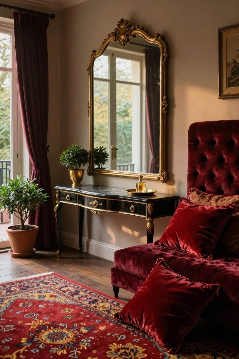 Corner of a bedroom with a red tufted velvet chair piled with matching pillows on a red rug, beside a black and gold console table under a large ornate gold mirror, flanked by plants and burgundy curtains with a balcony view.