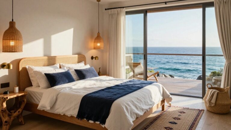 Bedroom featuring a rattan headboard on a white bed with navy throw, flanked by a nightstand lamp, with sliding glass doors open to a wooden deck overlooking the ocean and rocks.