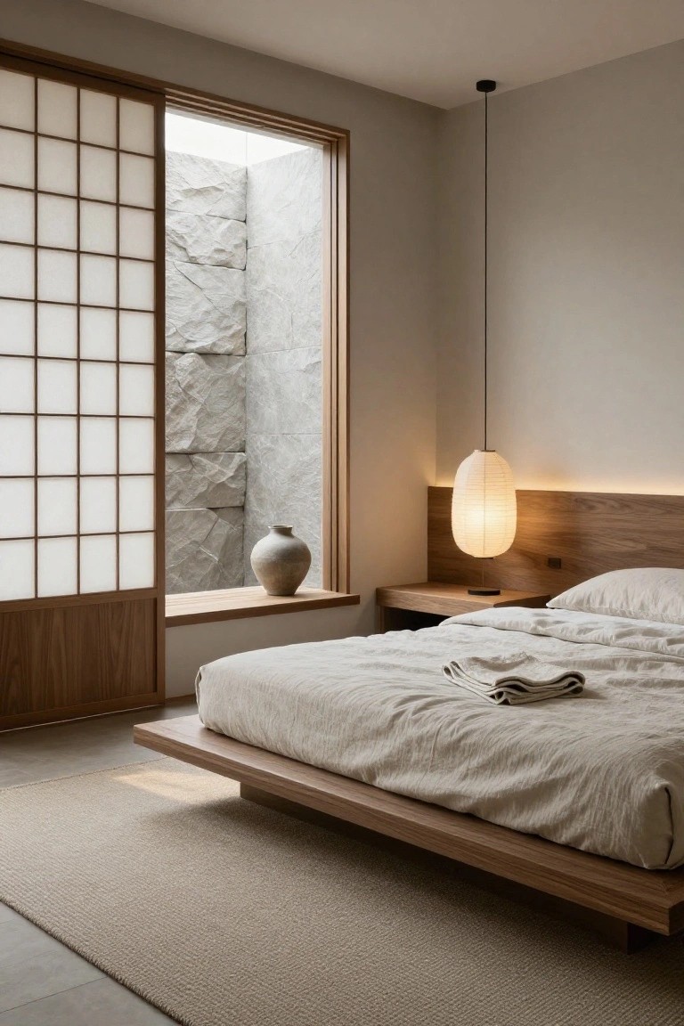 Minimalist bedroom with low wooden platform bed covered in beige linens, shoji screen sliding doors beside a window showing a textured stone wall, wooden nightstand holding an egg-shaped paper lamp, neutral walls and beige rug.