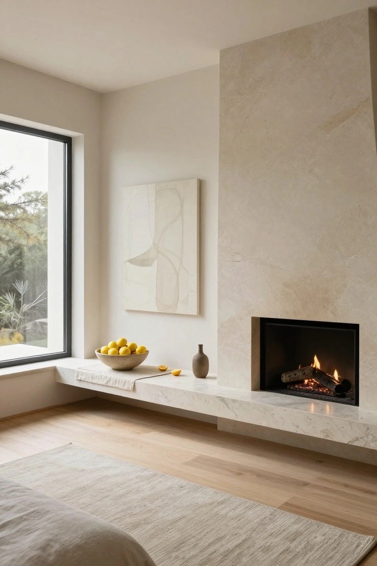 Modern bedroom corner with floating white marble bench serving as hearth and window seat, lit gas fireplace inset in beige veined stone wall, bowl of lemons and terracotta vase on bench, abstract white line painting nearby, large black-framed window showing trees outside, light wood floors, neutral woven rug, and edge of bed in foreground.