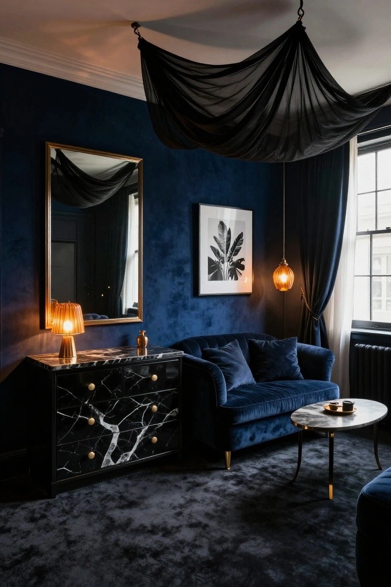 A sitting area with deep navy blue walls, navy velvet sofa, black marble dresser topped with a gold lamp, hanging black drapes from the ceiling, and a gold pendant light.
