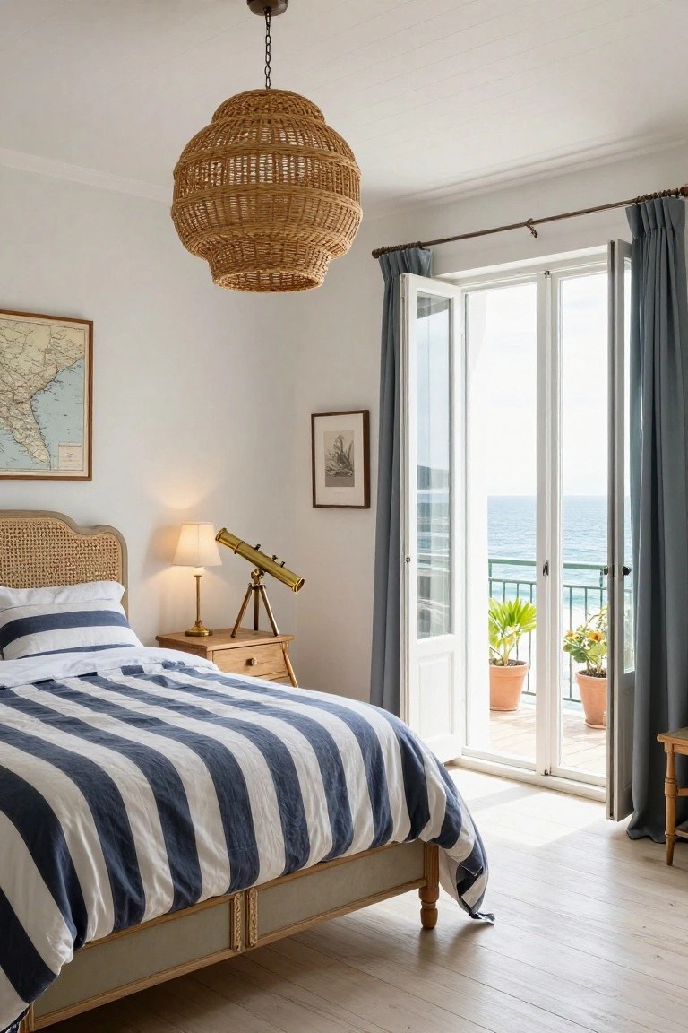White bedroom with rattan pendant light, cane headboard bed covered in blue-and-white striped duvet, brass telescope and lamp on wooden nightstand, open French doors to balcony with ocean view, potted plants, and map artwork on wall.