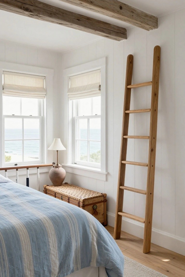 A cozy bedroom corner with a blue striped bed, wooden trunk bench, tall oak ladder leaning against white shiplap wall, two large windows showing ocean view, and exposed wood beams on ceiling.