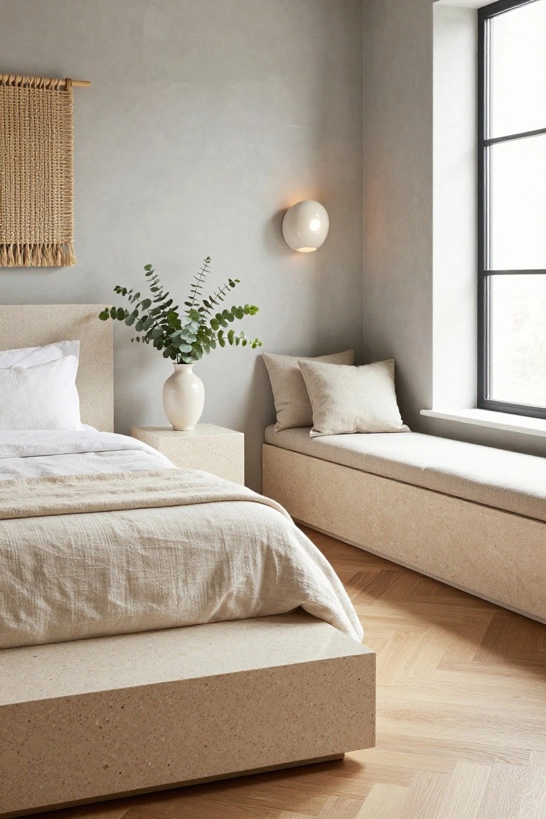 A minimalist bedroom in neutral beige tones with a low platform bed, white linen bedding, cube nightstand with eucalyptus vase, woven wall hanging, wall sconce, built-in window bench, and herringbone parquet wood floor.