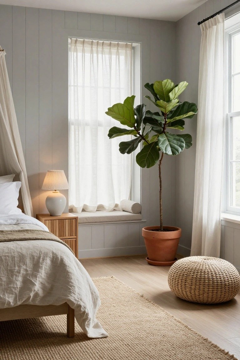 Bedroom corner with gray vertical plank walls, canopy bed draped in white fabric and linens, wooden nightstand with ceramic lamp, cushioned window seat, large fiddle leaf fig tree in terracotta pot, sheer white curtains on two large windows, rattan pouf, and light wood flooring.