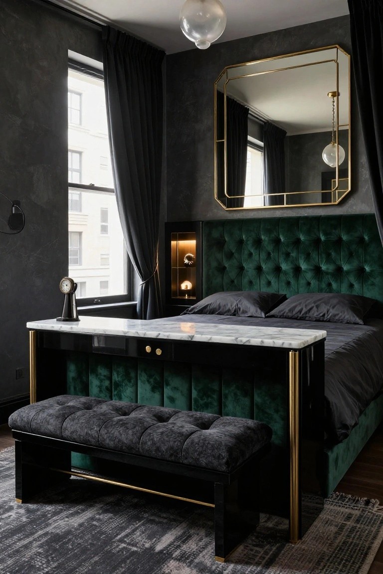 Bedroom interior with emerald green tufted velvet upholstered bed platform, integrated marble-top console table, tufted bench at foot, large gold-framed mirror, dark textured walls, black curtains on windows, and wall sconces.