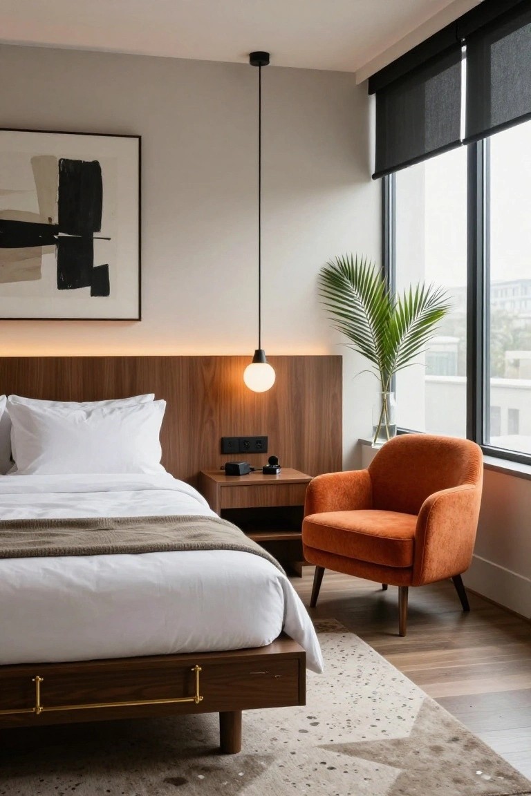 Modern hotel bedroom with low wooden platform bed featuring brass side rails, white bedding, wooden nightstand, orange velvet armchair, potted palm in glass vase, abstract black and white wall art, and large corner window with black roller blinds.