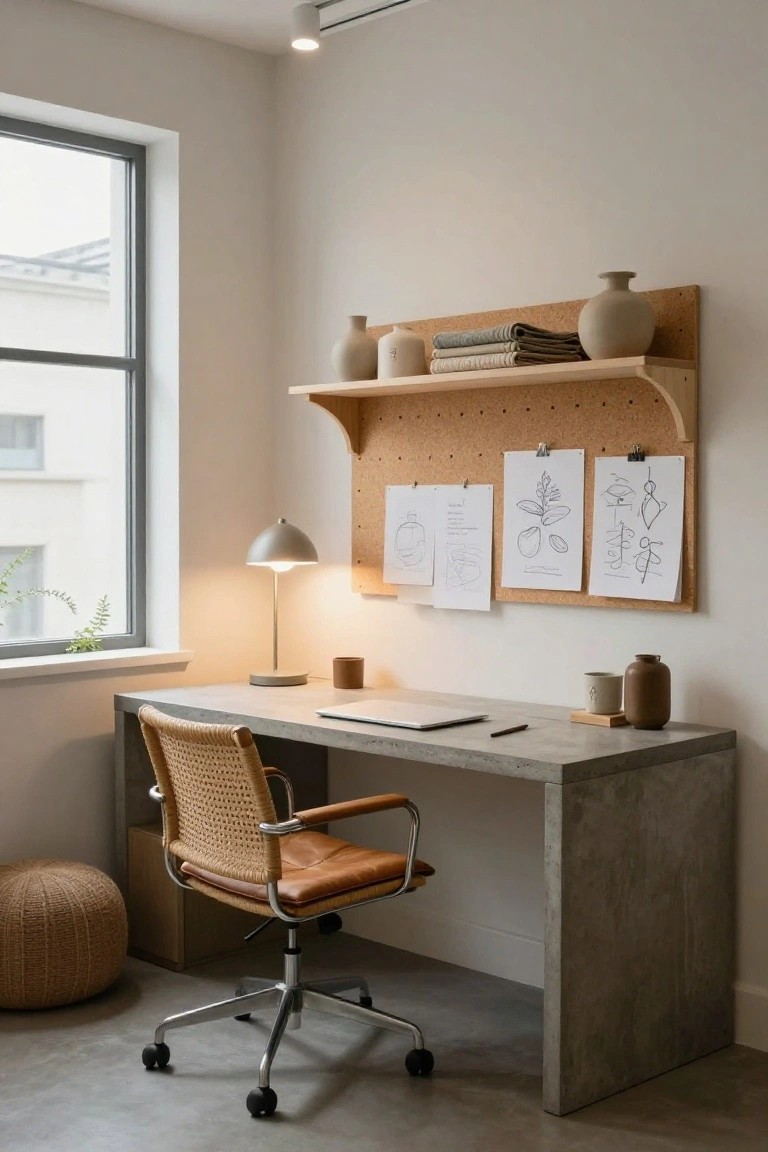 A home office corner with a large gray concrete desk, woven rattan chair with leather arms and chrome base, desk lamp, corkboard wall shelf holding ceramics and pinned papers, and window with plant nearby.