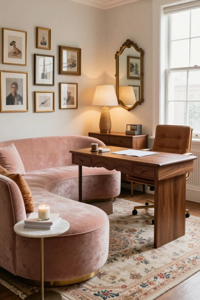Home office corner with curved blush pink velvet sofa, wooden desk and leather chair, gallery wall of gold-framed art, rattan lamp, and small marble side table on oriental rug.