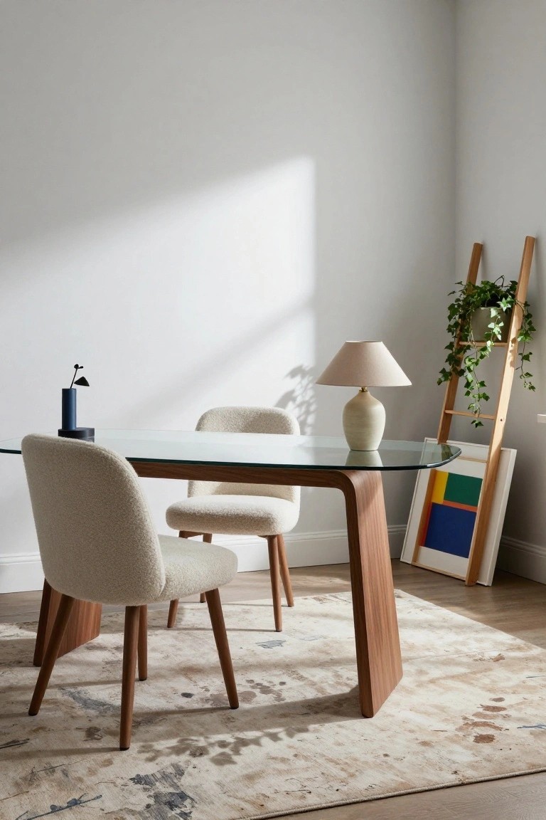 Oval glass-top table with curved wooden base and two cream bouclé-upholstered armchairs in a bright corner room with white walls, ceramic lamp, ivy plant on wooden ladder shelf, abstract painting, and neutral rug.