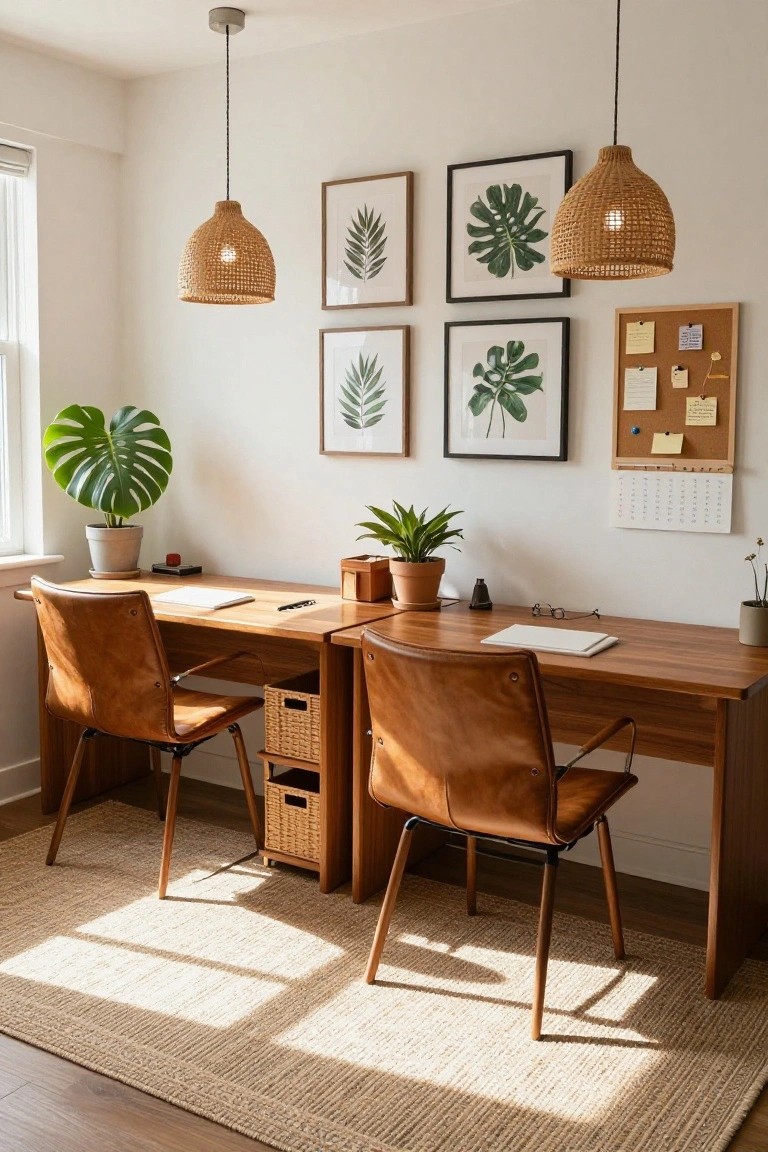A sunlit home office with two adjacent wooden desks, each with a tan leather armchair, potted monstera and other plants, leaf prints on white walls, rattan pendant lights, and a corkboard with notes.