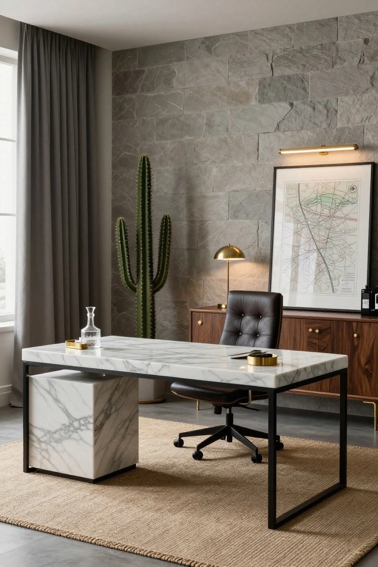 Modern home office with marble desk, leather chair, cactus, and stone wall.