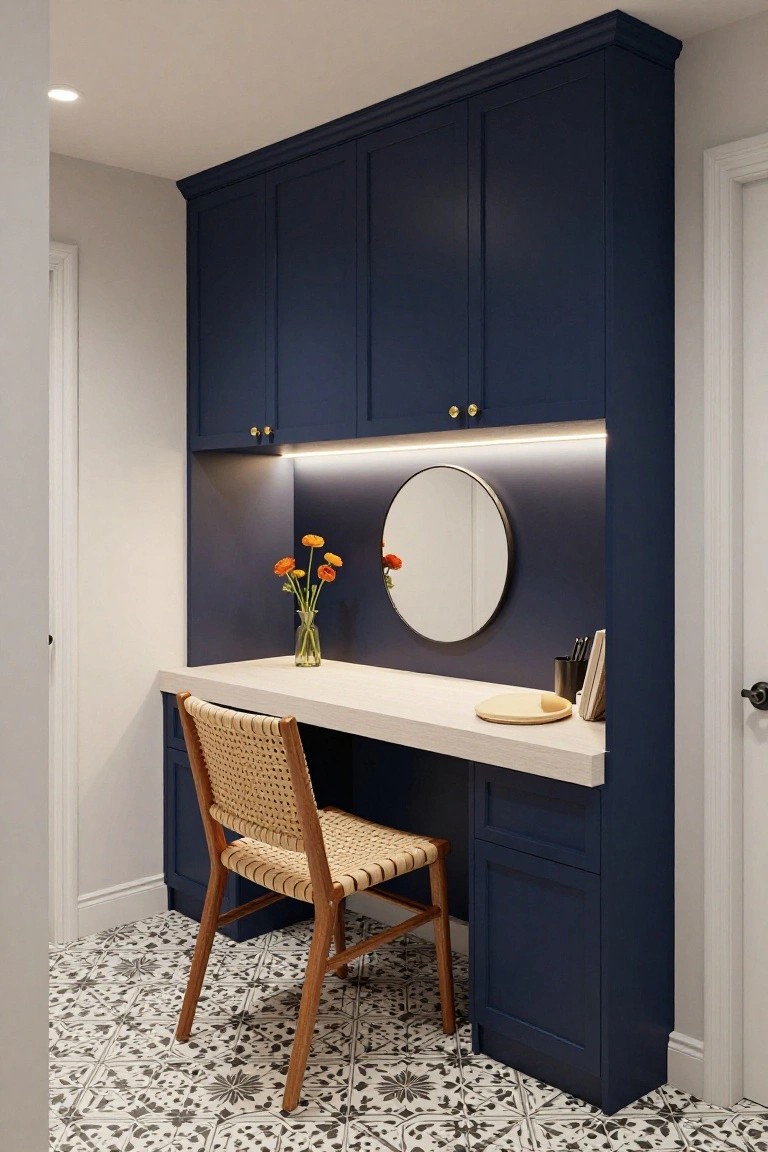 Built-in navy blue cabinets forming a vanity desk with white countertop, round black-framed mirror, LED strip lighting above, rattan chair, vase of orange flowers, and black-and-white patterned tile floor in an interior room.