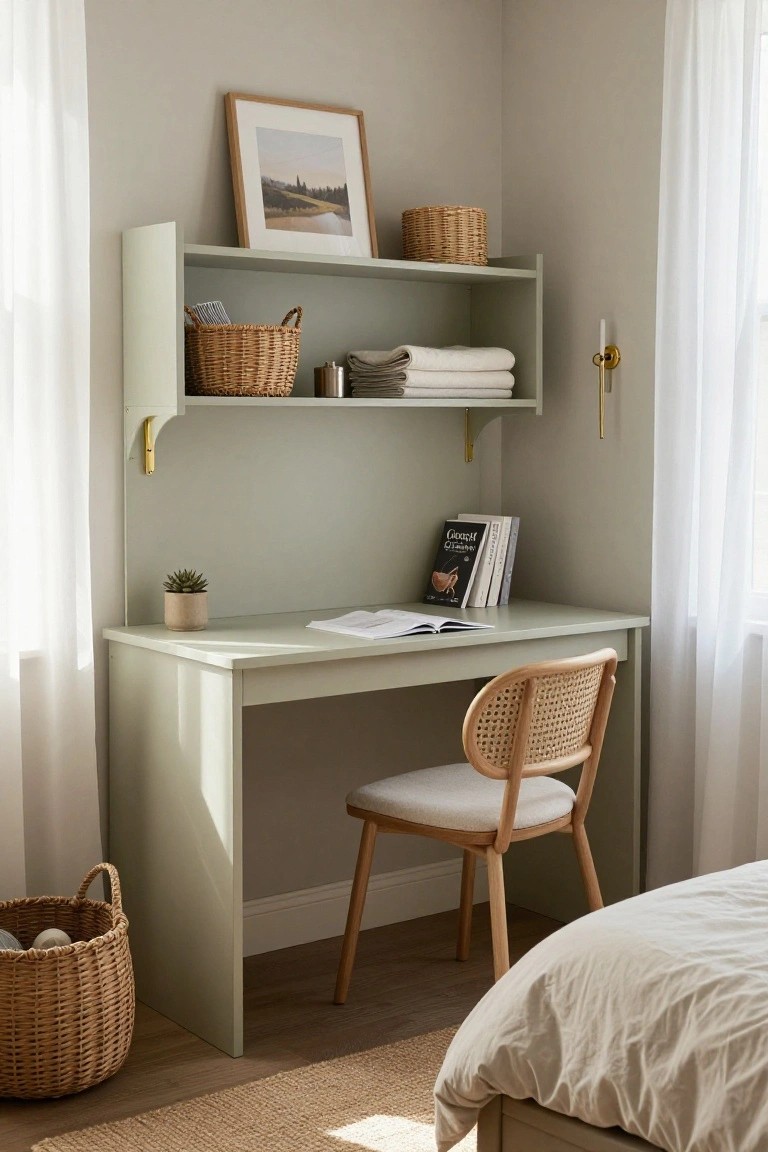 A sage green desk with open wall-mounted shelves above holding wicker baskets, towels, and books, paired with a rattan chair in a bedroom corner next to a bed and sheer curtains.