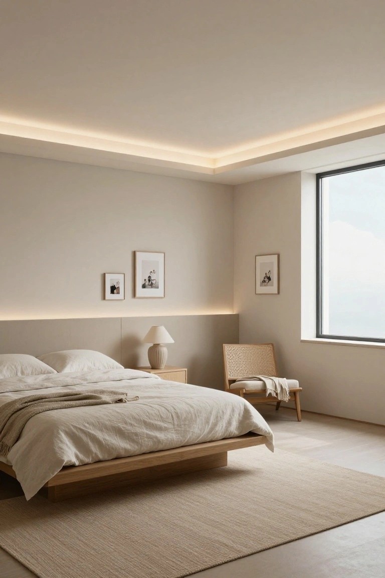 Beige bedroom with platform bed, nightstand, rattan chair with throw, framed art on walls, large window, and continuous LED strip lighting recessed in ceiling cove and behind headboard.