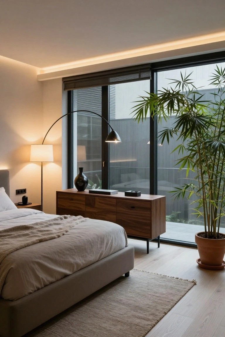 Modern bedroom interior with gray upholstered bed draped in light linens, wooden dresser, black vase, arc floor lamps, tall potted bamboo plant by black-framed sliding glass doors, perimeter LED cove lighting in false ceiling, and light wood flooring.