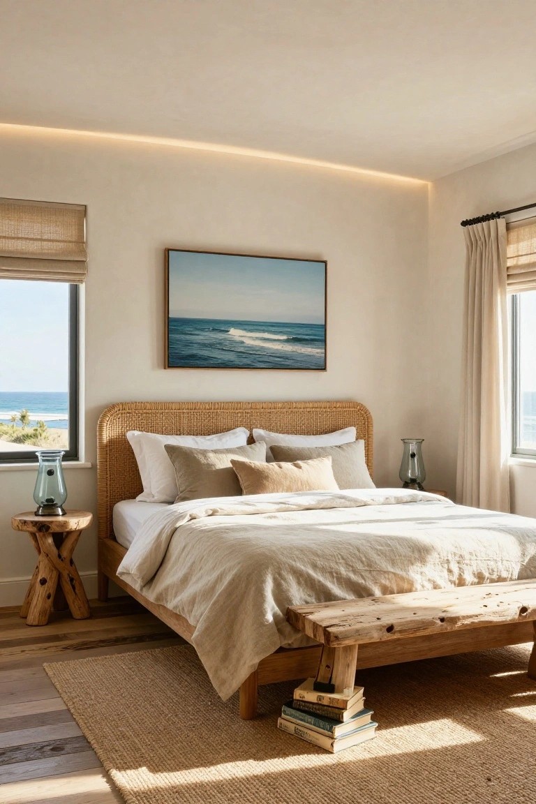 Bedroom with rattan headboard bed, neutral pillows and linens, wooden tripod side tables with glass vases, framed ocean wave painting on wall, large windows showing beach view, seagrass rug, and soft perimeter cove lighting in the ceiling.