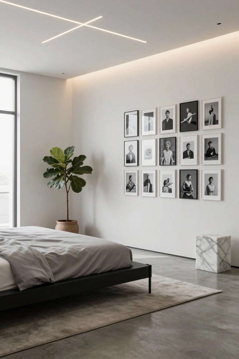 Modern bedroom with false ceiling featuring cross-shaped recessed LED lights and perimeter cove lighting, white walls with grid of black-and-white framed photos, potted fiddle leaf fig plant, low black platform bed with gray sheets, marble cube table, and polished concrete floor.