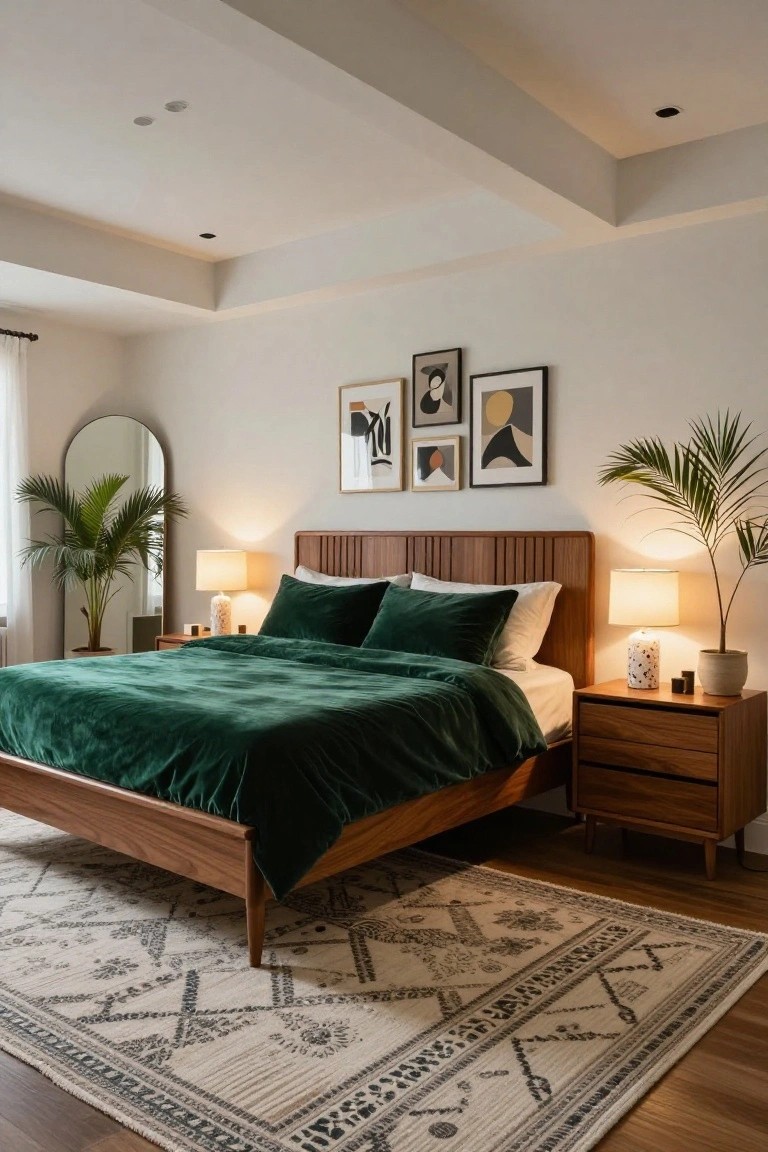 Modern bedroom with a low wooden platform bed draped in green velvet bedding and pillows, flanked by matching nightstands with ceramic lamps, potted plants, abstract wall art, an arched mirror, sheer curtains, a light-colored rug on hardwood floors, and a white tray-style ceiling with four recessed circular lights.