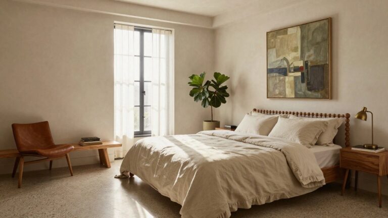 Bedroom with light beige walls, wooden bed frame and bench, tan leather headboard, white linen bedding, brass table lamp, potted fiddle leaf fig plant, stack of books, abstract painting, large black-framed window with sheer white curtains, and polished concrete floor.