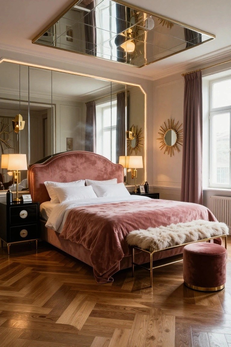Bedroom interior with large gold-framed mirrored false ceiling, pink velvet upholstered bed and bench, black nightstands, multiple wall mirrors, gold sunburst mirrors, and herringbone parquet wood floor.