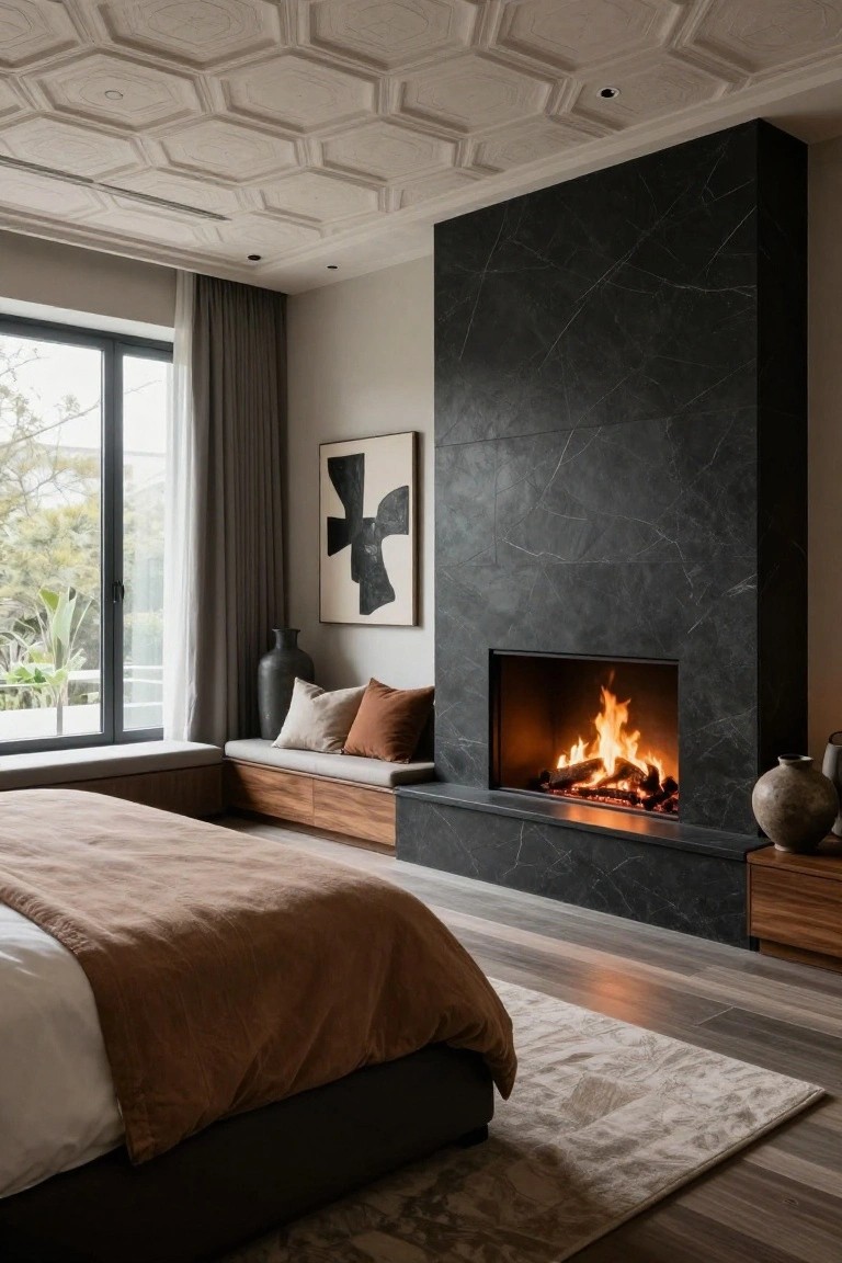 Bedroom with white hexagonal coffered false ceiling, black marble fireplace with fire lit, platform bed with white sheets and terracotta throw, wooden window bench with cushions, and large window showing greenery outside.