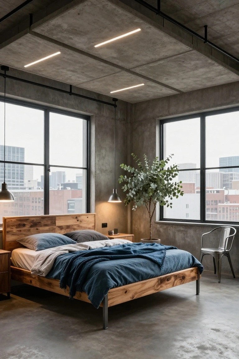 Bedroom with industrial concrete ceiling featuring exposed black pipes and recessed linear LED light strips, wooden bed frame with blue bedding and white sheets, potted eucalyptus plant near large windows showing city skyline, metal chair, and polished concrete floor.