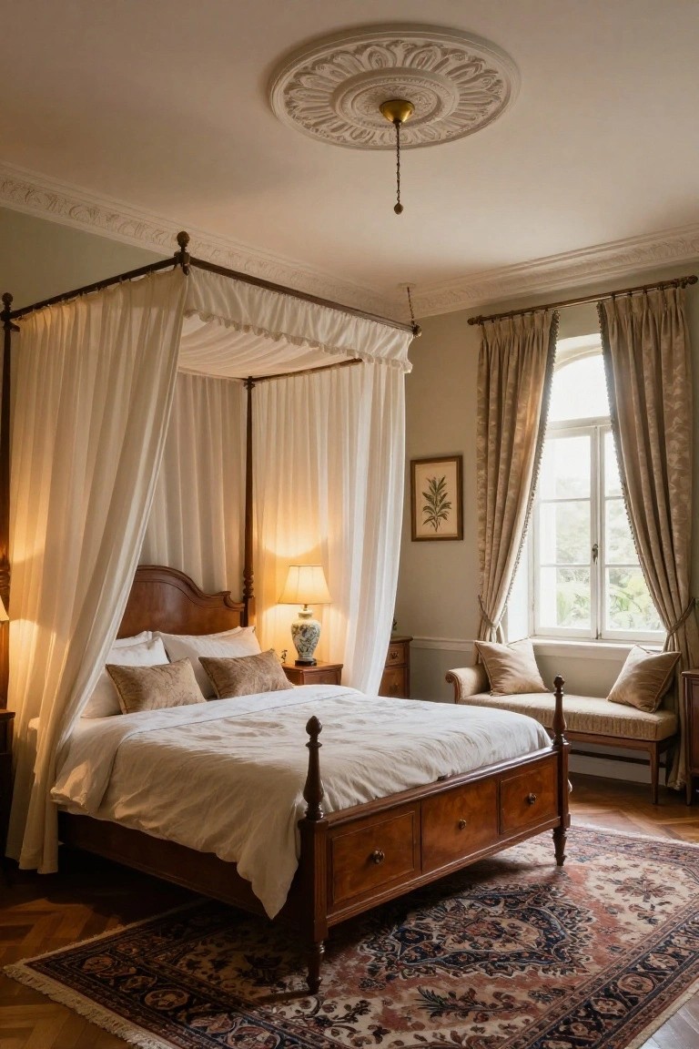 Bedroom with white four-poster canopy bed draped in sheer fabric, ornate plaster ceiling medallion and brass pendant light, wooden nightstand with lamp, beige walls, large window with taupe drapes, armchair, and Persian rug on parquet floor.