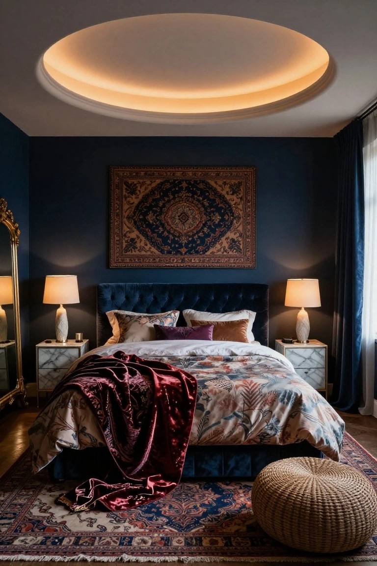 Bedroom interior with navy walls, large gold-framed mirror, tufted navy velvet bed, marble nightstands with lamps, colorful bedding and throw, patterned rug, woven pouf, and oval recessed ceiling with warm LED lighting.