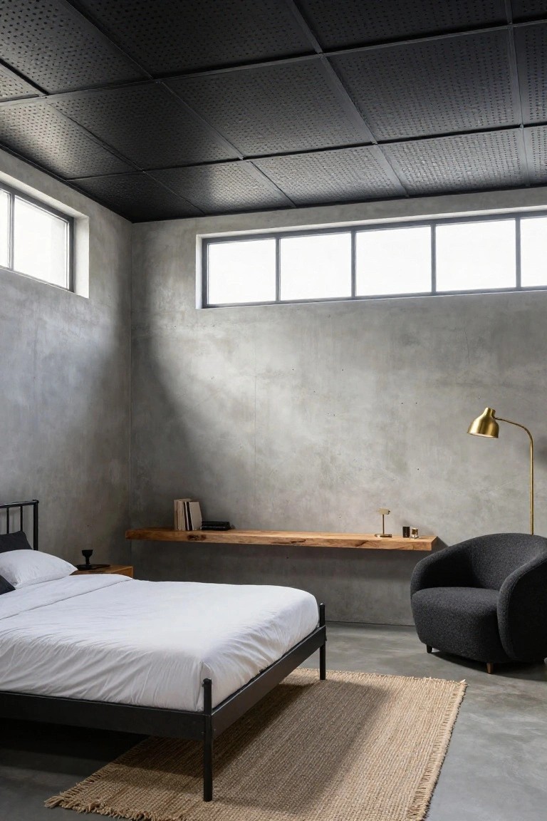 Modern bedroom with black perforated metal ceiling panels, light gray concrete walls, black metal bed frame with white bedding, gray curved armchair, wood shelf, gold floor lamp, and seagrass rug on concrete floor.