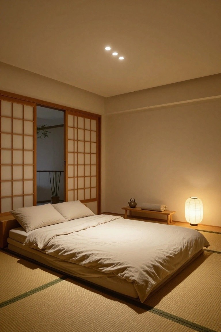 Japanese-style bedroom interior with tatami mat flooring, low platform bed with white linens, wooden bench, paper lantern lamp, shoji sliding doors, and three recessed ceiling lights.