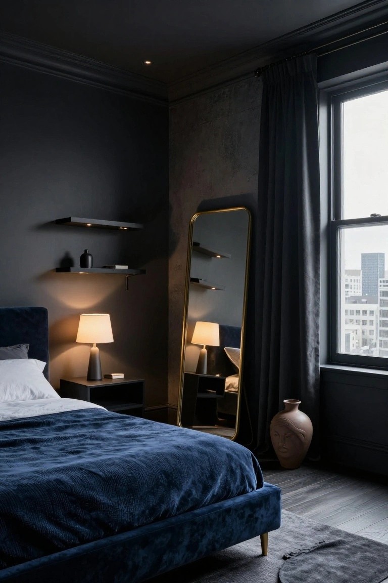 Dark modern bedroom with velvet bed, gold mirror, and city window view.