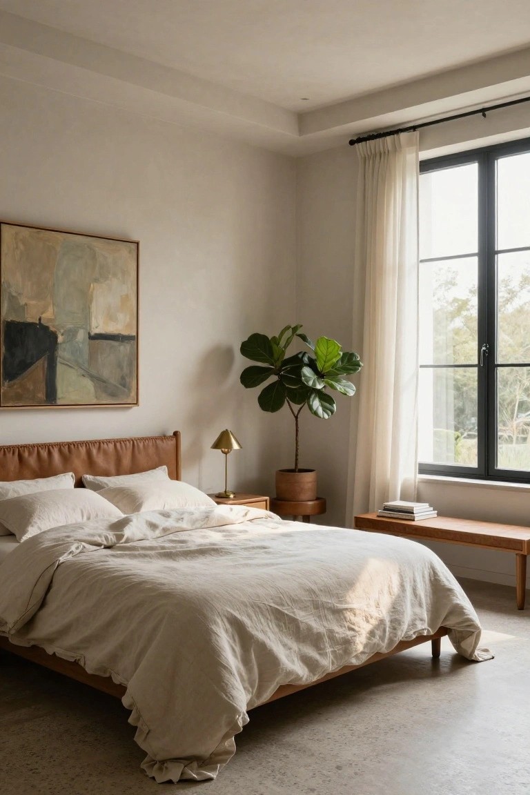 Bedroom with light beige walls, wooden bed frame and bench, tan leather headboard, white linen bedding, brass table lamp, potted fiddle leaf fig plant, stack of books, abstract painting, large black-framed window with sheer white curtains, and polished concrete floor.