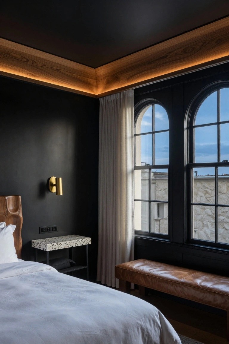 Bedroom interior with black walls and ceiling edged in light wood trim with integrated LED lighting, a wooden headboard bed with white sheets, a terrazzo nightstand, leather bench, and tall arched windows with sheer curtains.